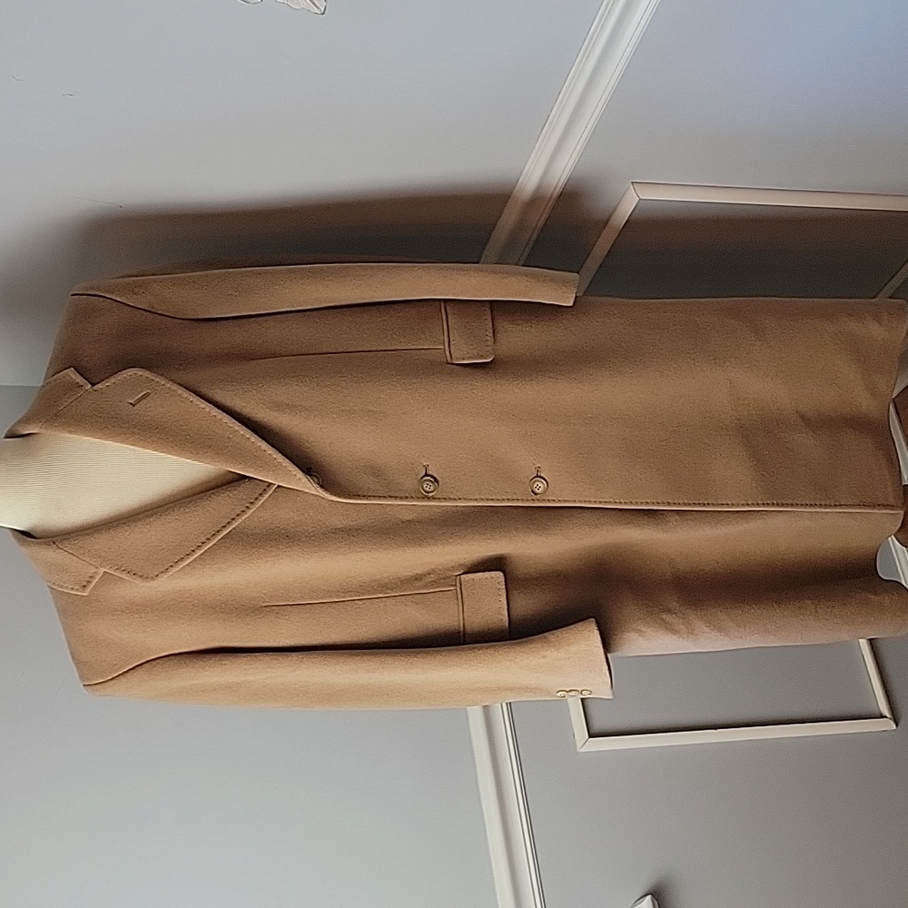 SILVER‎ CLOUD Camel Cashmere Blend Running Stitch Office Preppy Dress Overcoat